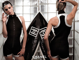 women's black and white Chanel wet suit